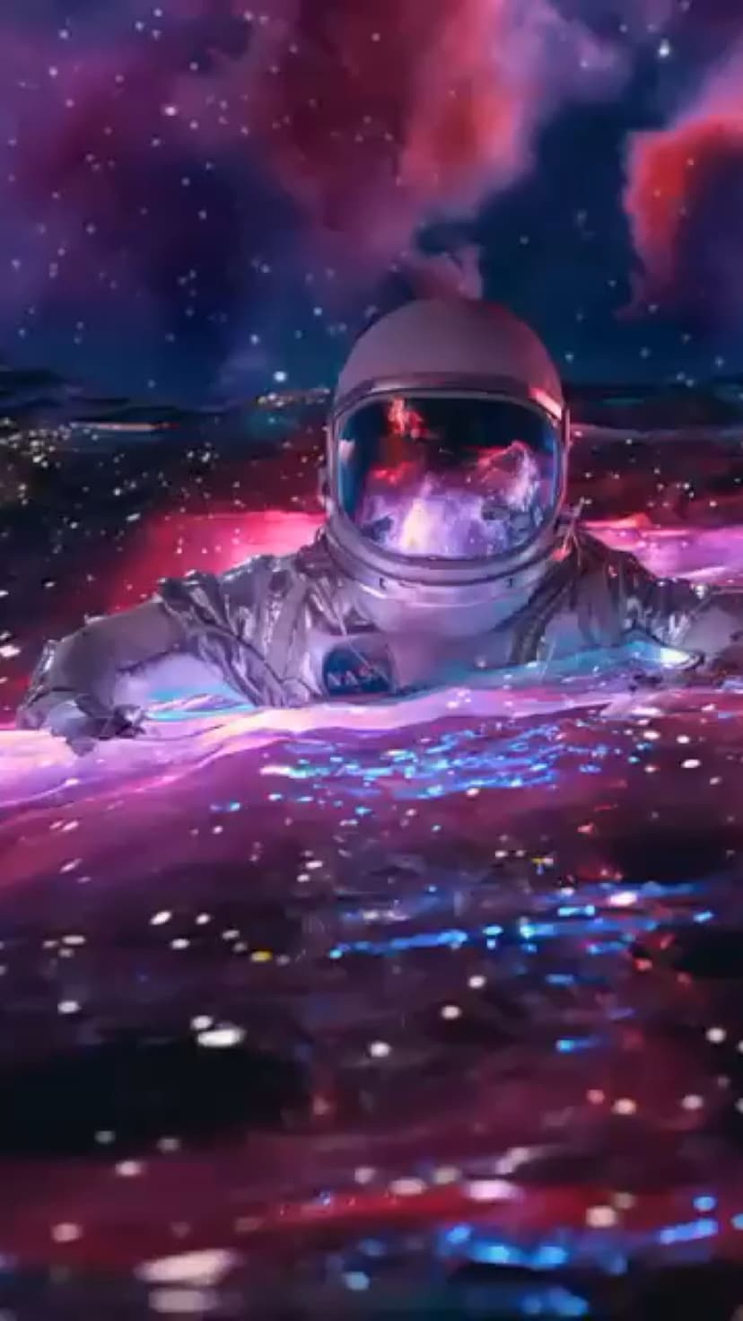 Astronaut in a white suit floats amidst swirling purple and blue cosmic waves with a galaxy reflected in the visor.