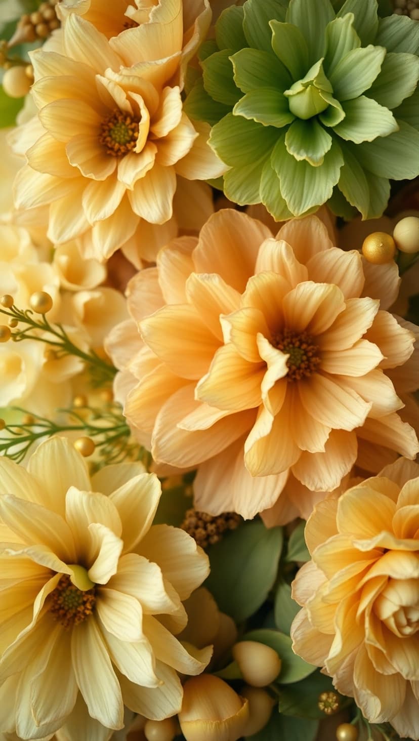 Peach dahlia flower petals in a macro view with small golden berries and light green leaves in a soft arrangement.