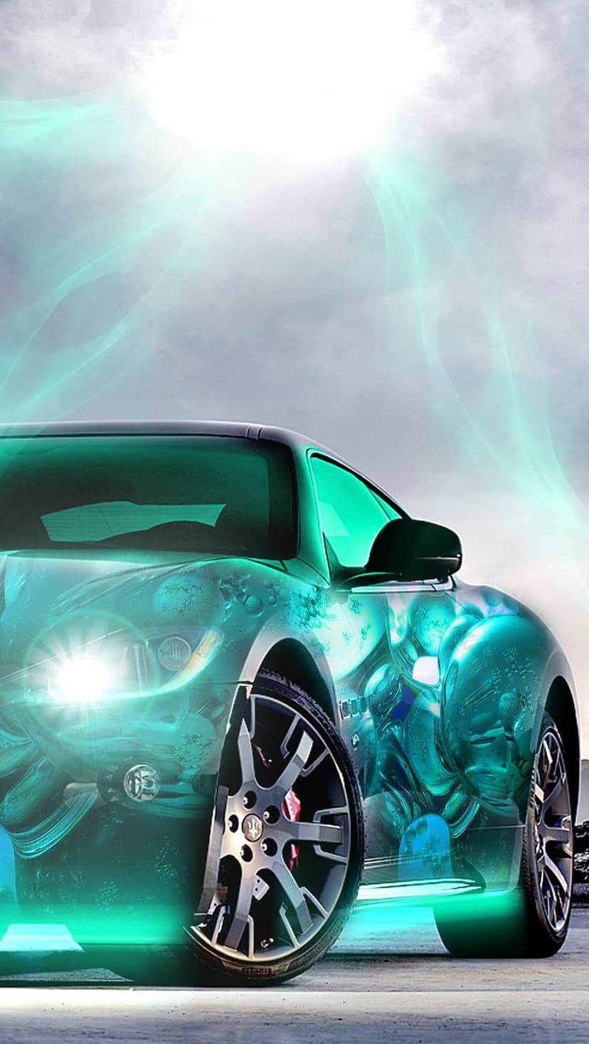 Green sports car with glowing turquoise outlines and swirling light patterns against a radiant sky background.
