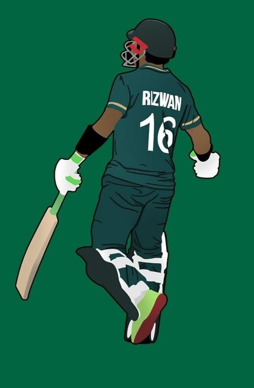 Mohammad Rizwan walking on a pitch from behind wearing a green Pakistan cricket kit with number 16 and a helmet.