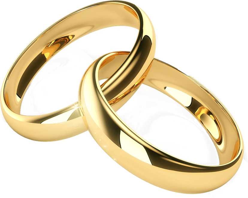 Gold wedding bands illustration showing two interlocking polished yellow metal rings with glossy reflections.