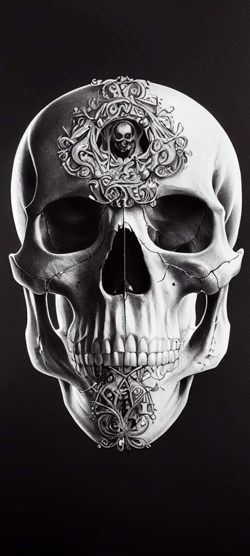 Human skull with metallic filigree patterns on the forehead and cheekbones against a dark shaded background.