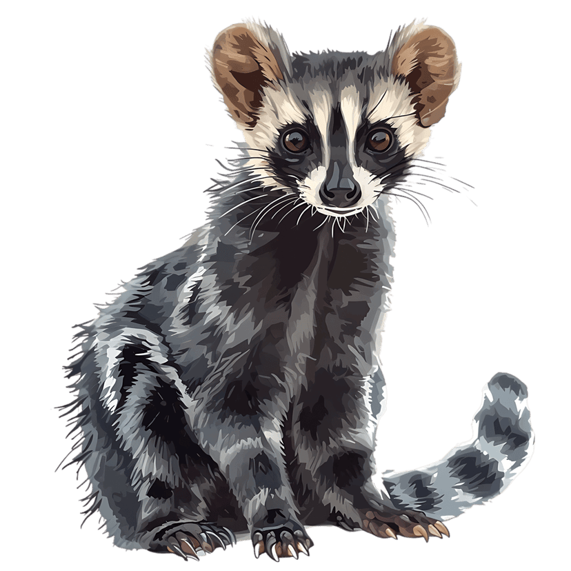 Civet cat illustration showing a sitting nocturnal mammal with realistic grey fur and a long ringed tail.