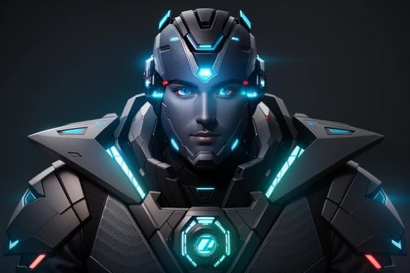 Cybernetic soldier with glowing blue eyes wears dark tactical armor illuminated by neon light strips and accents.