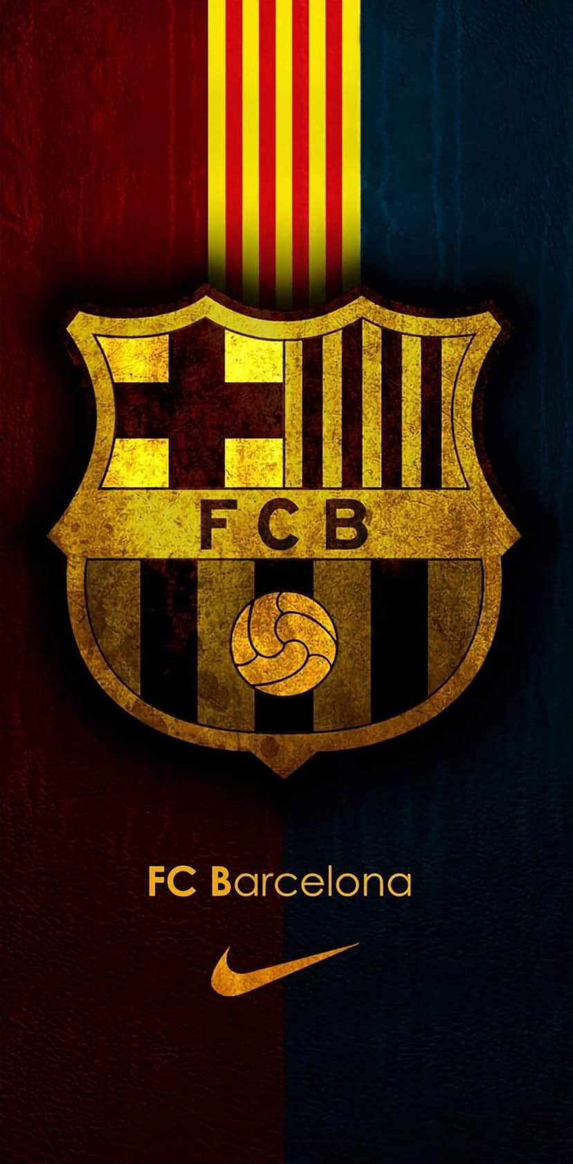 FC Barcelona vintage crest with gold trim and Nike swoosh on a split red and navy blue textured phone background.