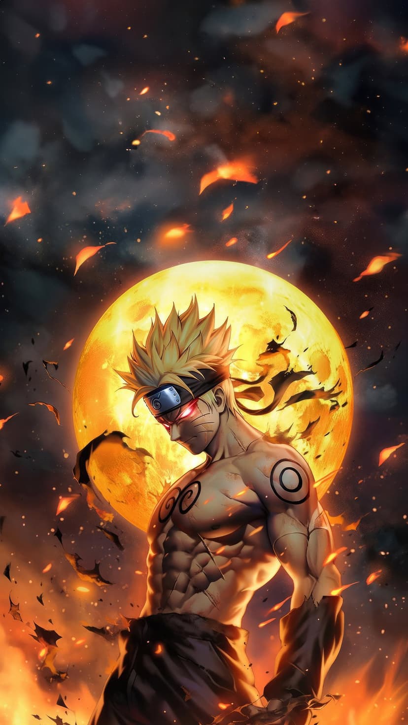 Naruto in Sage Mode stands before a fiery red moon with glowing eyes, muscular build, and spiky blonde hair.