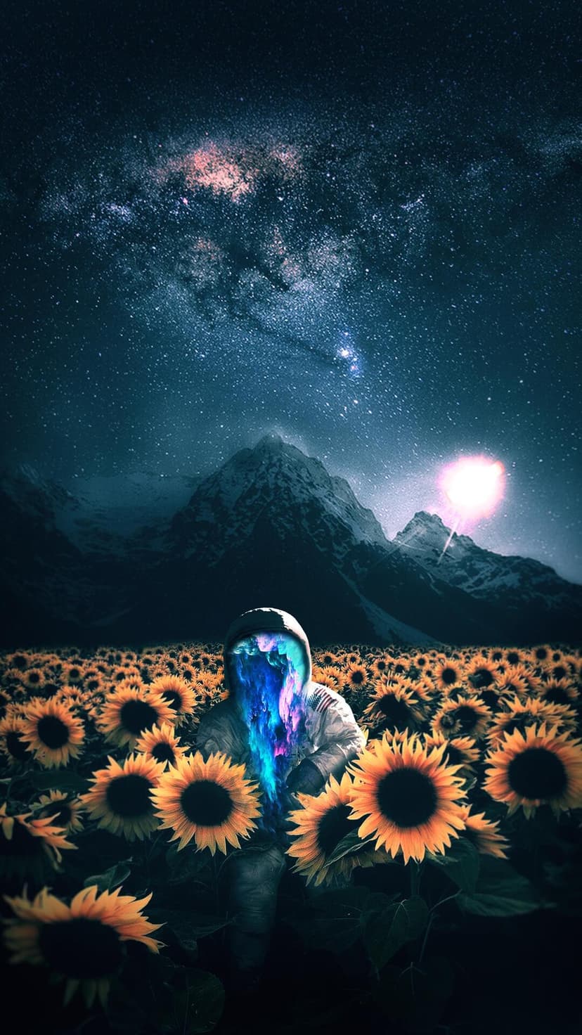 Person with a glowing face stands in a sunflower field beneath the Milky Way and jagged mountain peaks.
