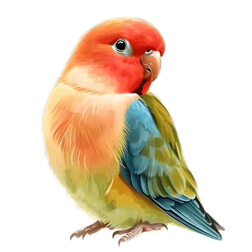 Lovebird parrot with orange yellow and blue feathers perched against a black background in a profile view.
