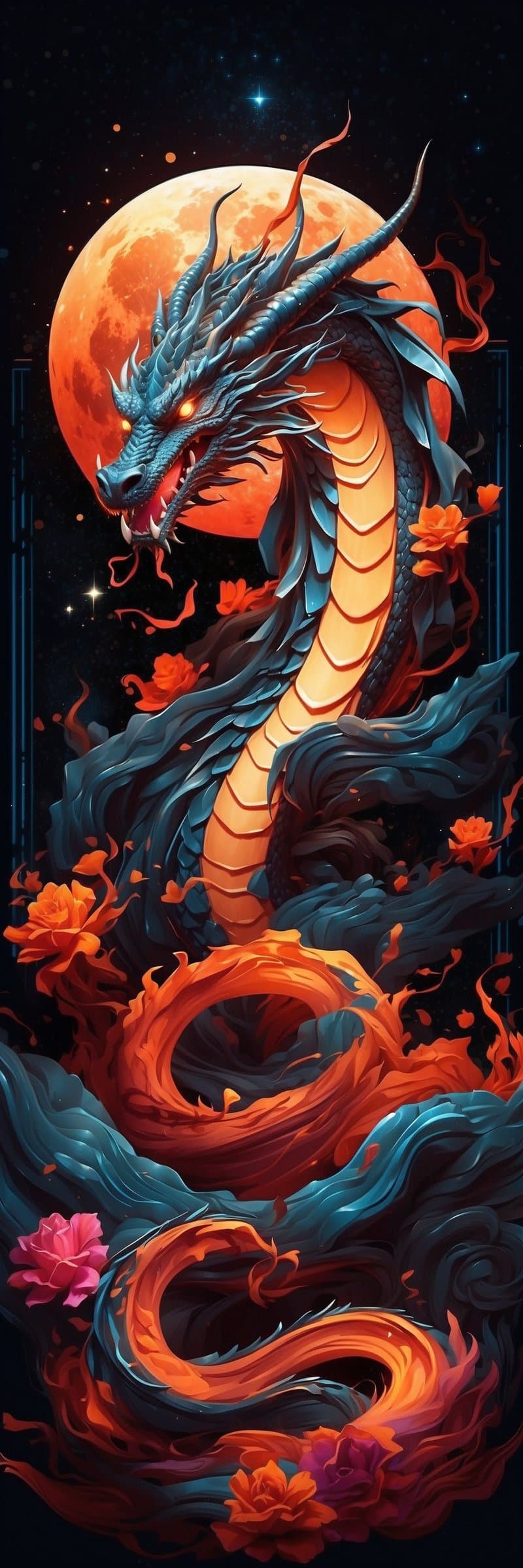 Blue serpentine dragon circling a massive orange moon in a starry night sky with mystical floral elements.
