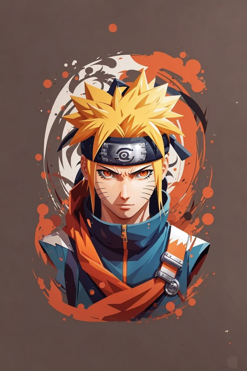 Naruto Uzumaki with spiky blonde hair and orange eyes wears a blue jacket against a splattered paint background.