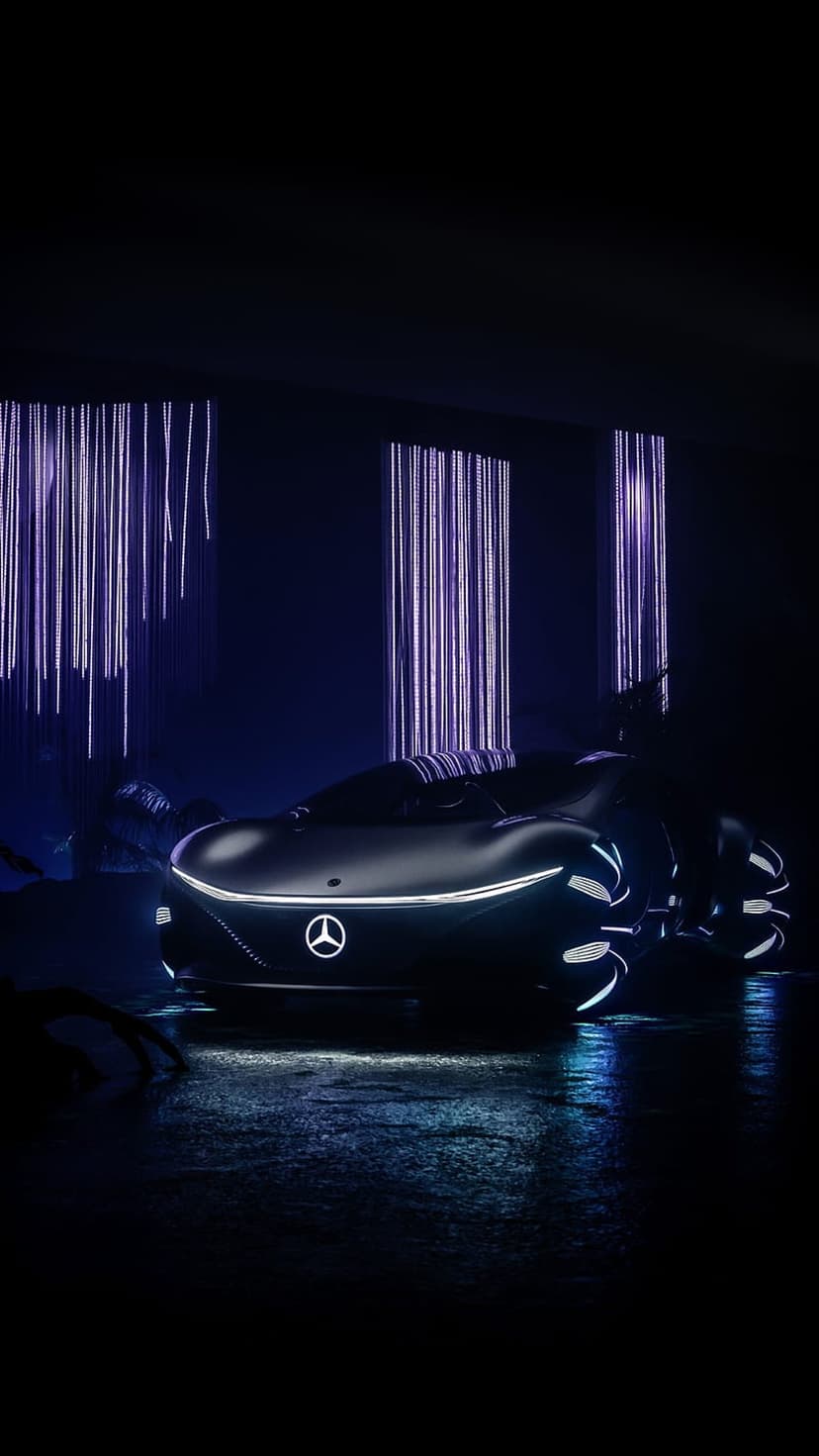 Mercedes-Benz concept car with glowing purple neon accents on a wet dark floor in a vertical studio setting.