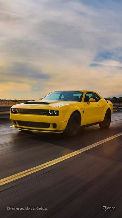 Yellow Dodge Challenger SRT Hellcat Speeding Track Wallpaper