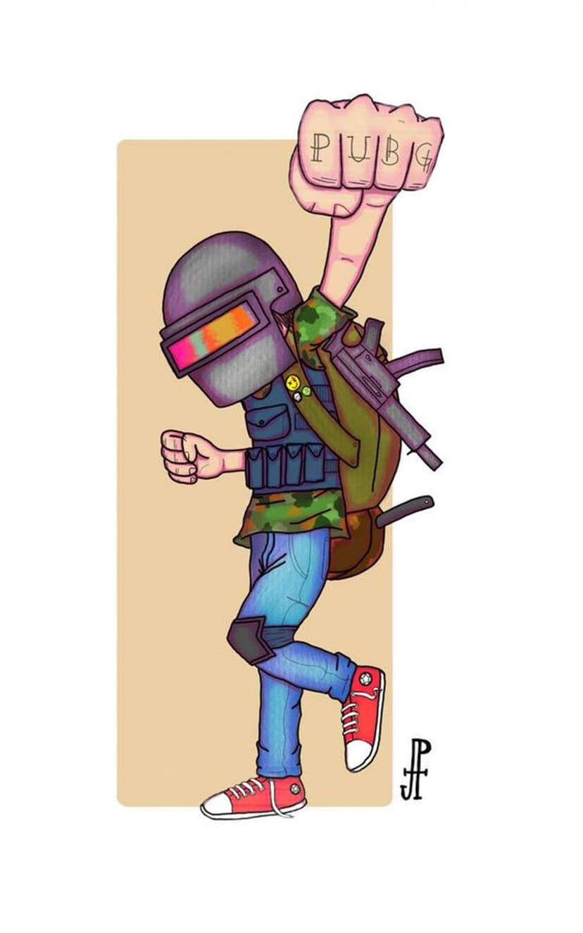 Soldier wearing a helmet and tactical vest raises a fist with a PUBG tattoo while carrying a slung rifle.