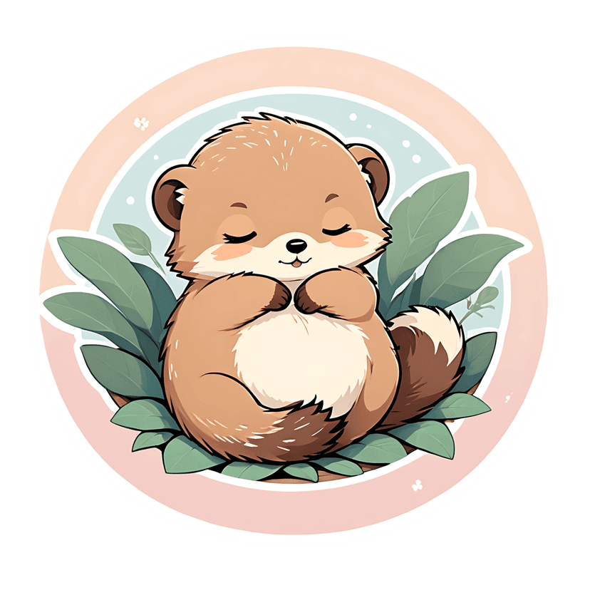 Pink bear cub sticker vector sits with closed eyes inside a circular blue frame accented by green leaves.