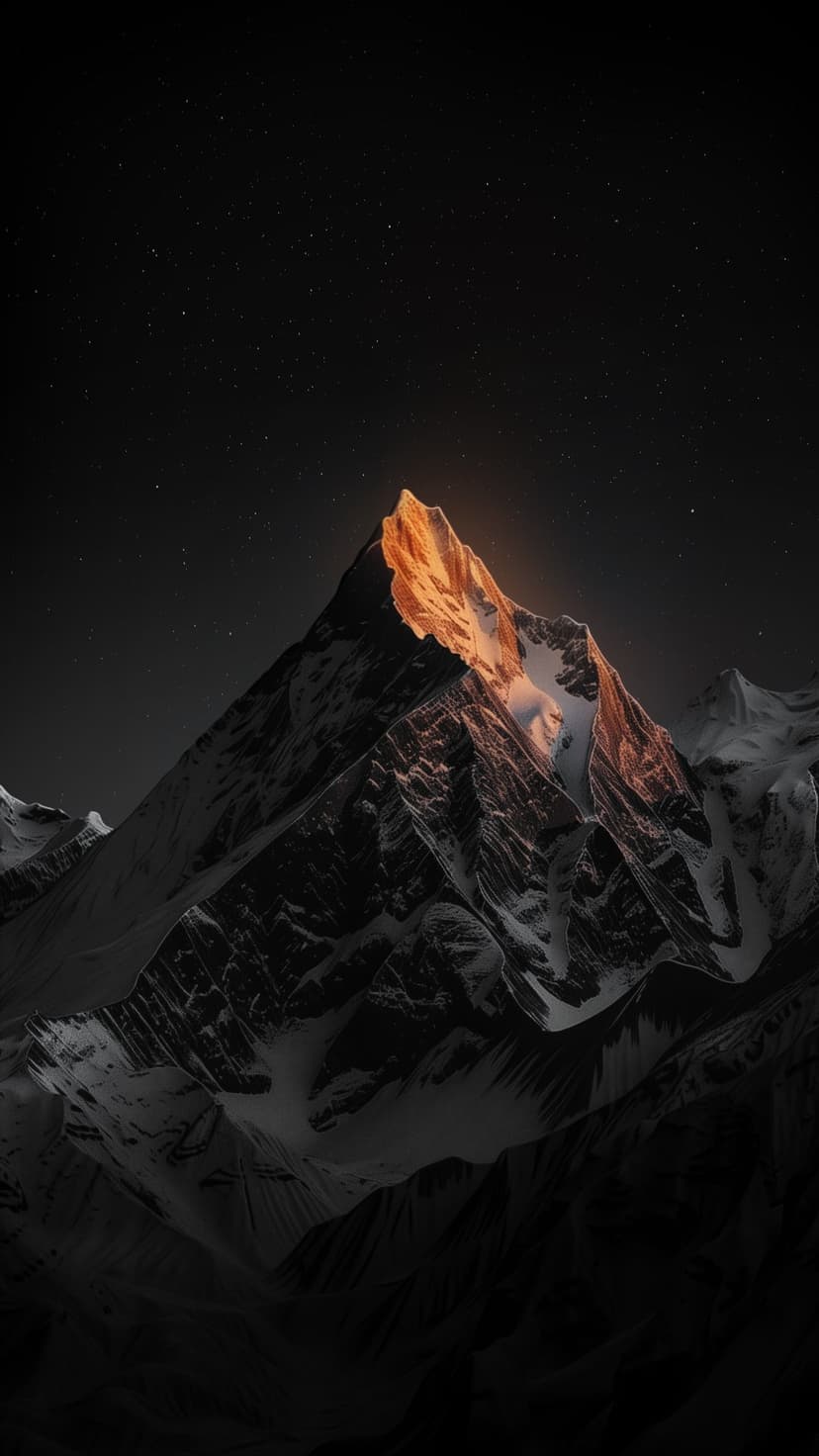 Snow-capped mountain peak glowing with golden sunrise light beneath a vast night sky filled with bright stars.
