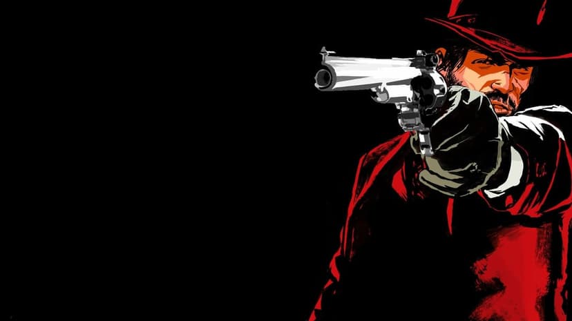 Cowboy in a red coat pointing a silver revolver directly at the viewer against a stark black background.