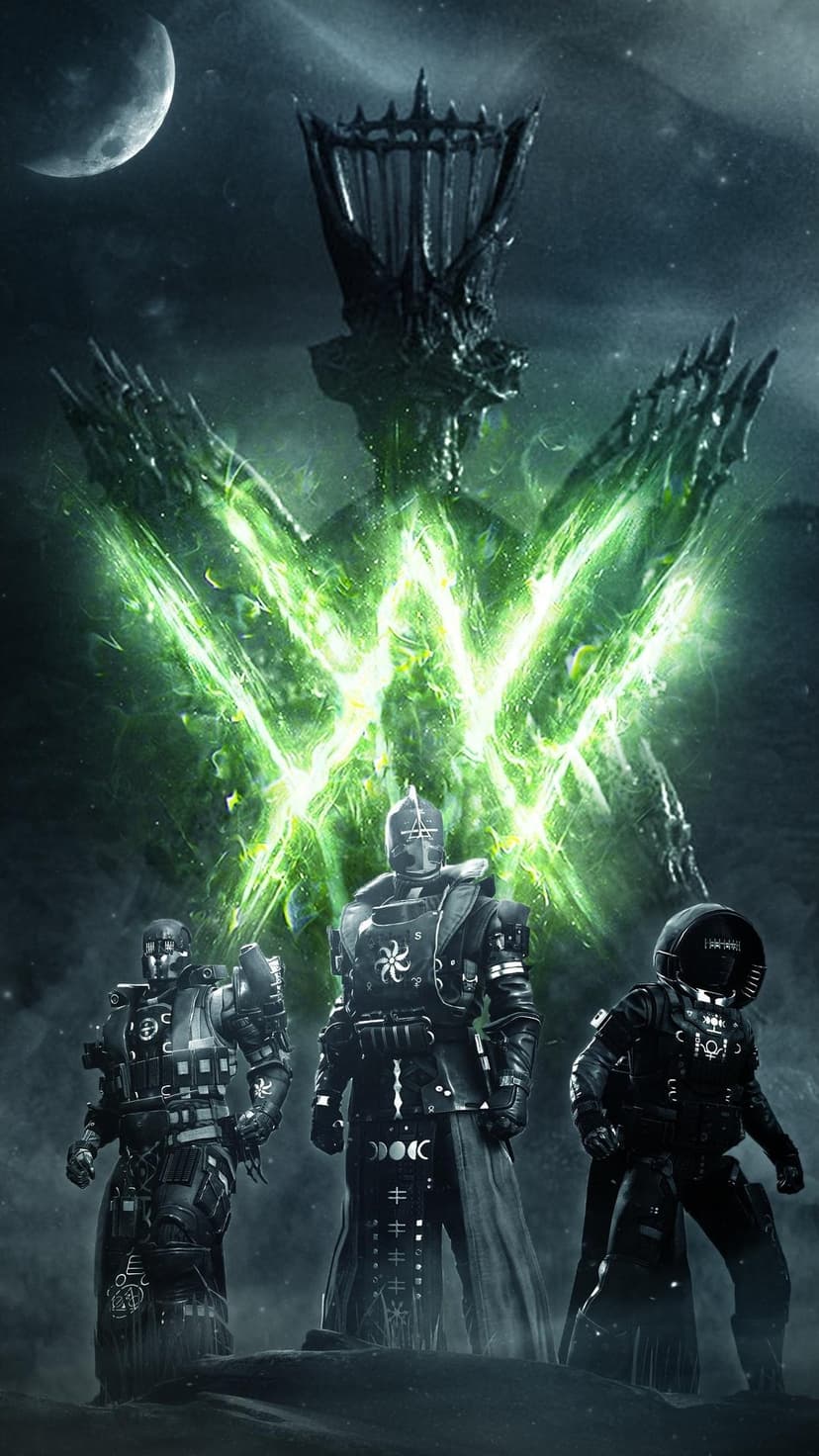 Three armored soldiers stand before a giant glowing green symbol and a crowned dark figure under a crescent moon.