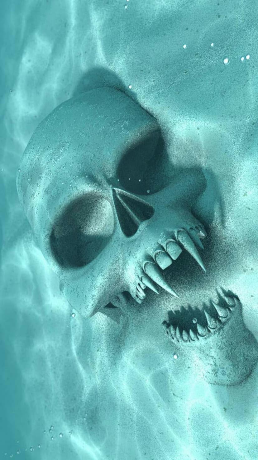 Skull with sharp teeth submerged in sand on the ocean floor with tiny bubbles rising through dim blue water.