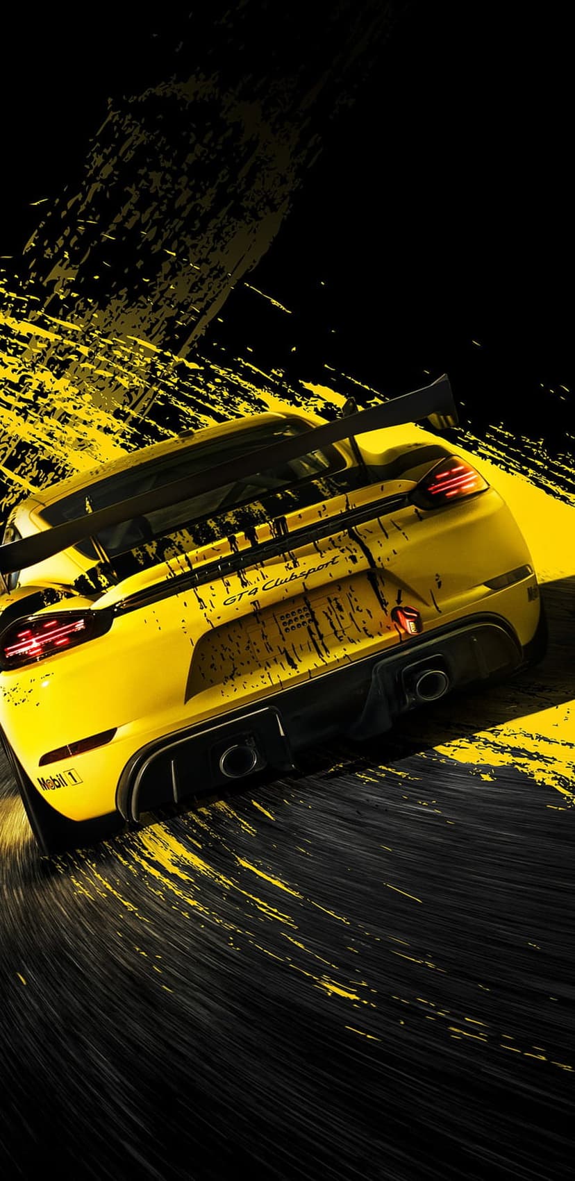 Yellow Porsche GT4 Clubsport surrounded by dynamic black and yellow paint splatters in a vertical composition.