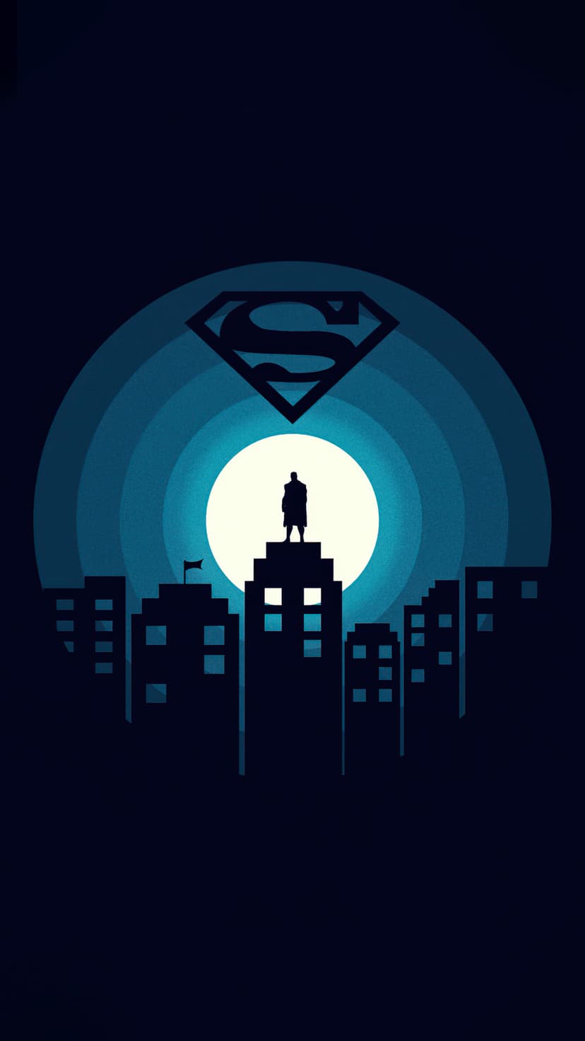 Superman silhouette stands on a skyscraper against a glowing moon and S shield in a dark blue city skyline.