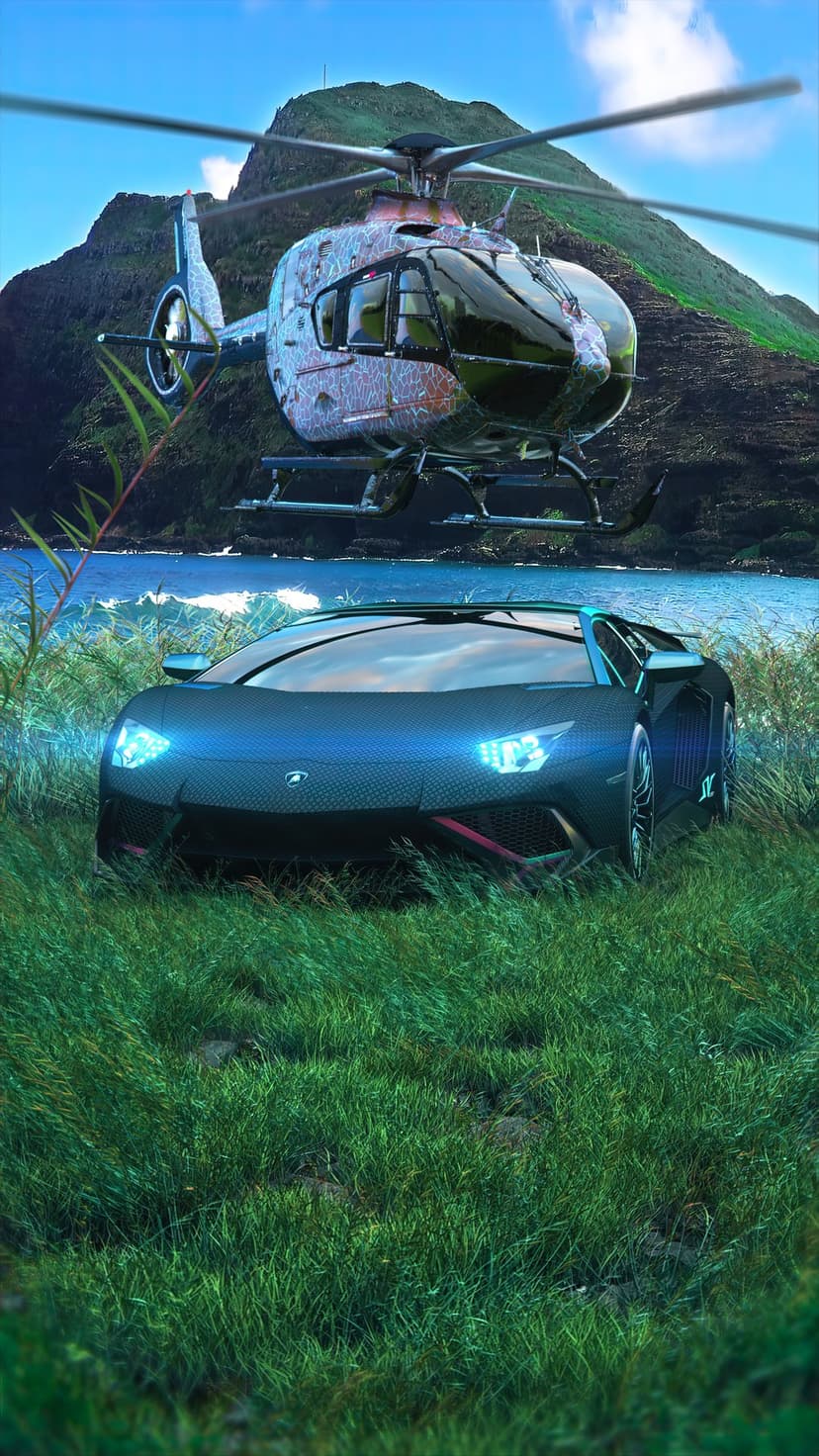 Sleek black sports car with blue lights parked under a hovering helicopter near mountains and the blue ocean.