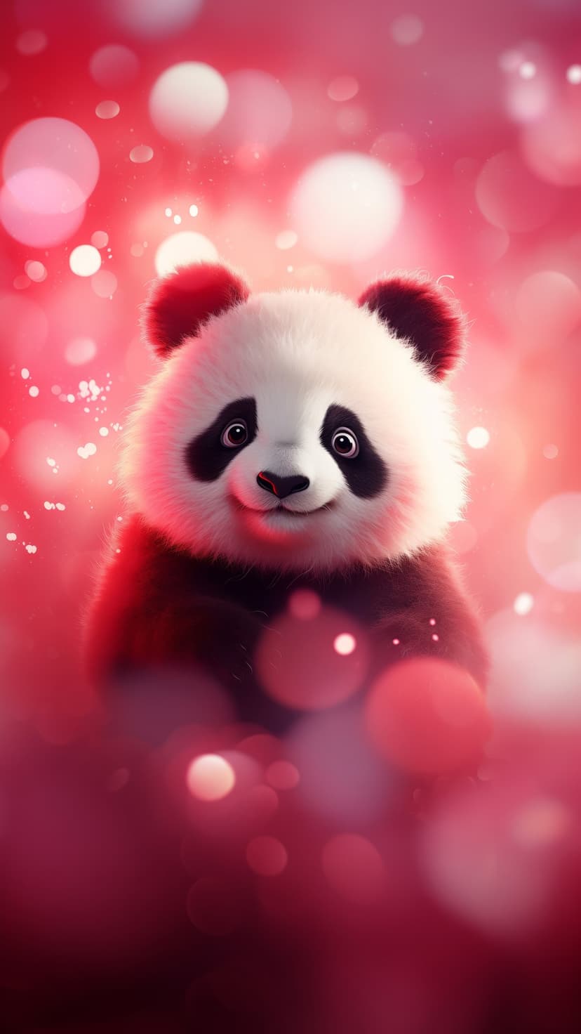 Fluffy panda cub with red ears sits before a blurred background of glowing pink and crimson heart-shaped lights.