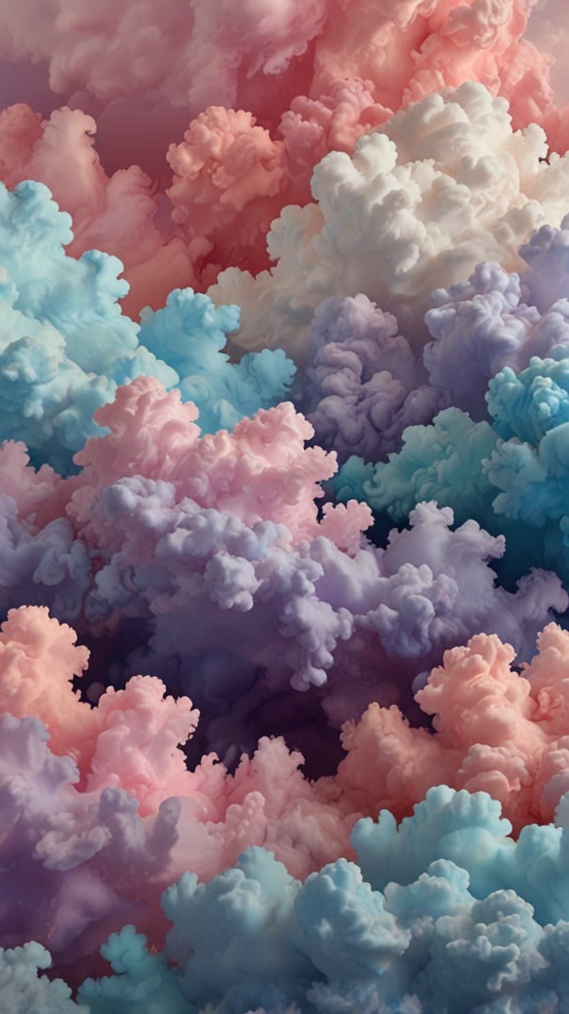 Voluminous pink and purple clouds swirl together in a bright, ethereal sky with soft white light accents.