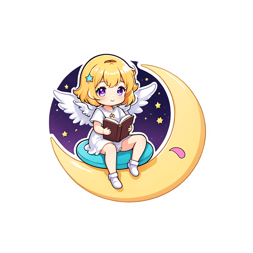 Chibi angel girl sticker sitting on a yellow crescent moon reading a book against a dark purple starry night sky.
