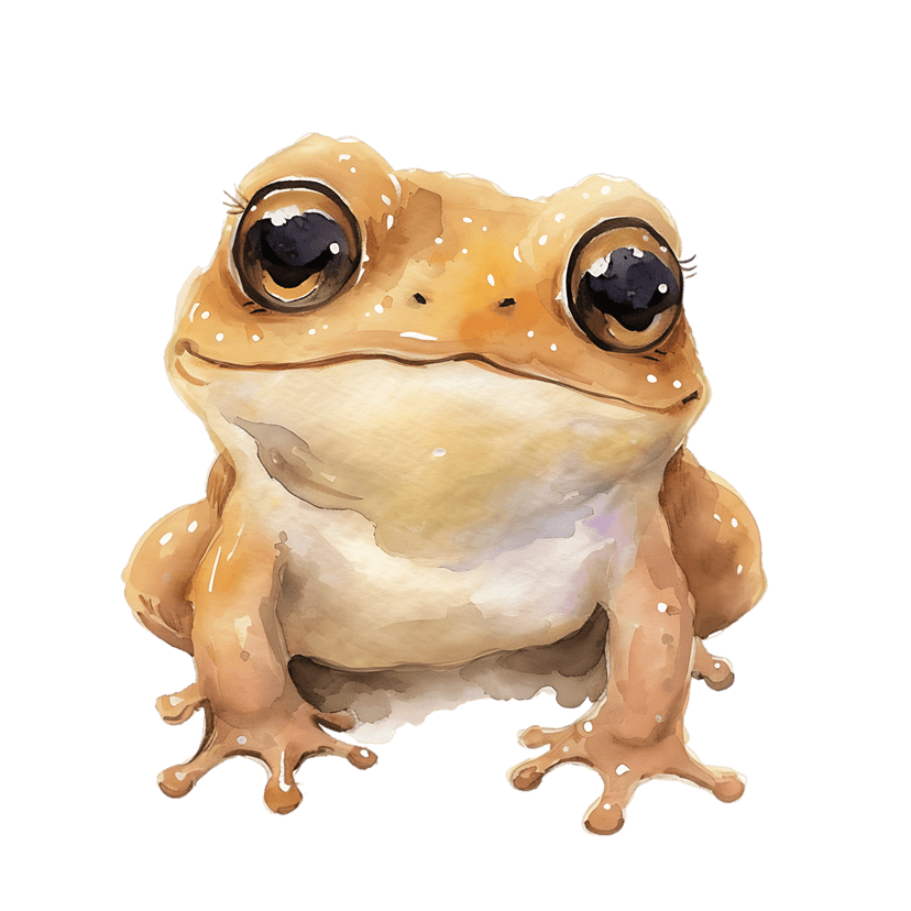 Brown watercolor frog sits with large eyes and white spots, featuring a soft painterly texture and webbed feet.