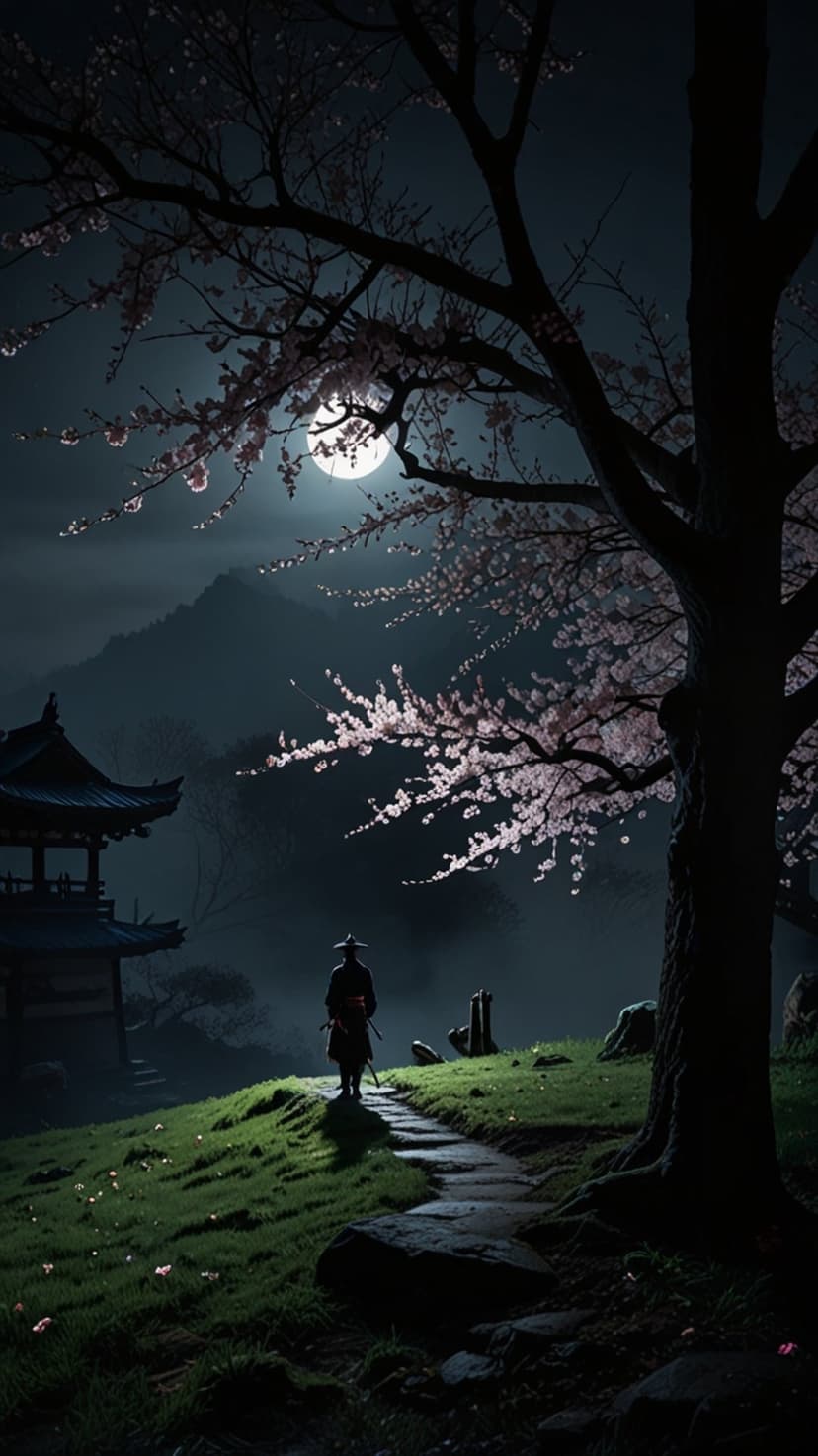 Lone samurai warrior on a grassy path under a full moon with pink cherry blossoms and a distant pagoda temple.