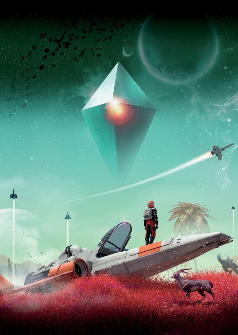 Sci-fi explorer standing on a white spaceship in a field of red grass facing a giant floating diamond in space.