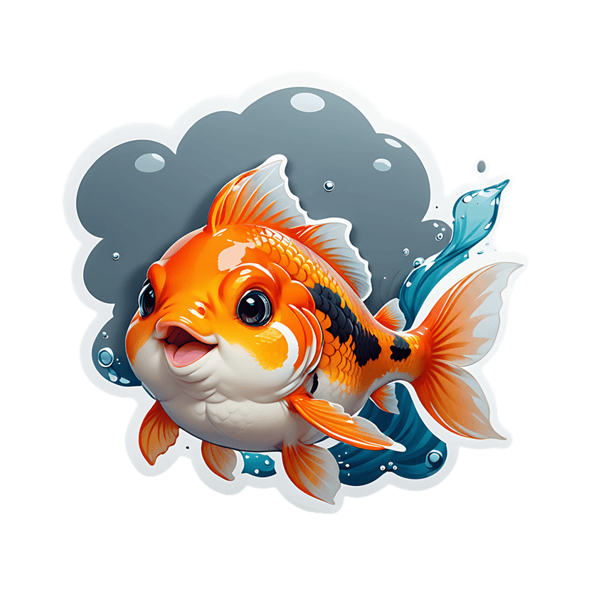 Orange goldfish sticker illustration with glossy highlights, black spots, and blue water splashes on gray.