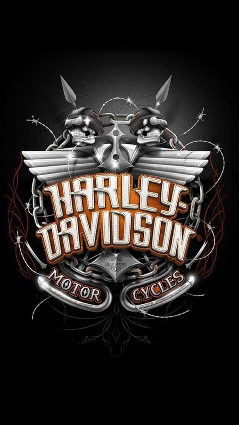 Harley-Davidson skull logo with expansive feathered wings and heavy metal chains on a dark textured background.