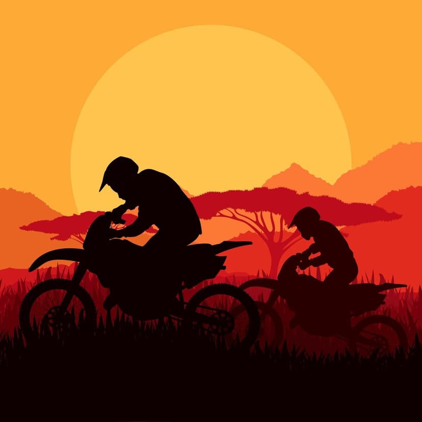 Motocross riders and acacia trees silhouetted against a massive orange sun in a vast savanna landscape.