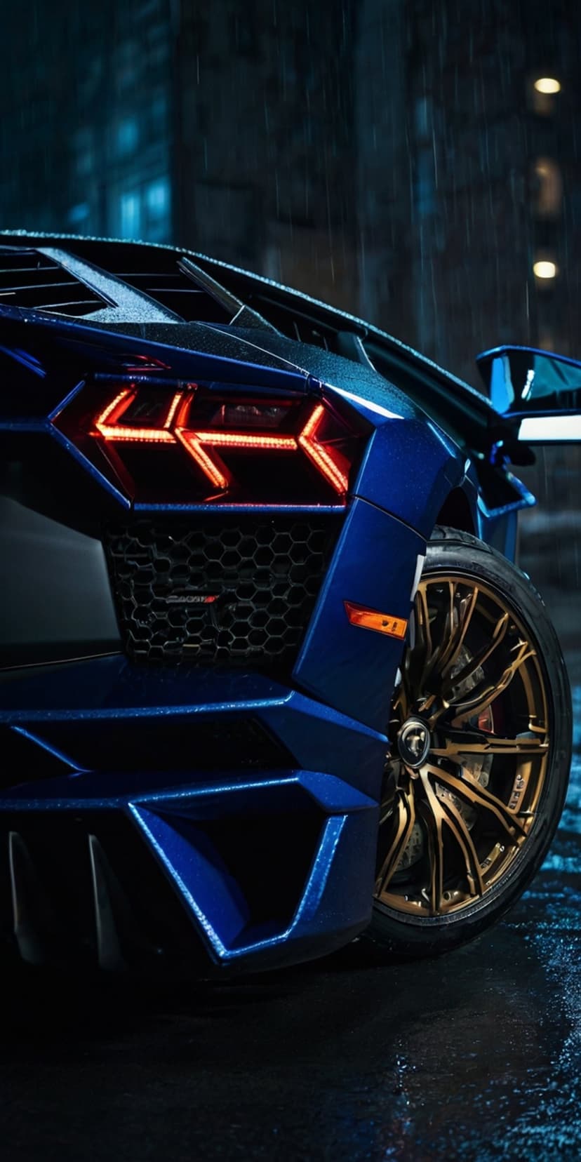 Blue Lamborghini Aventador rear with glowing red taillights on a wet asphalt road during a rainy night.