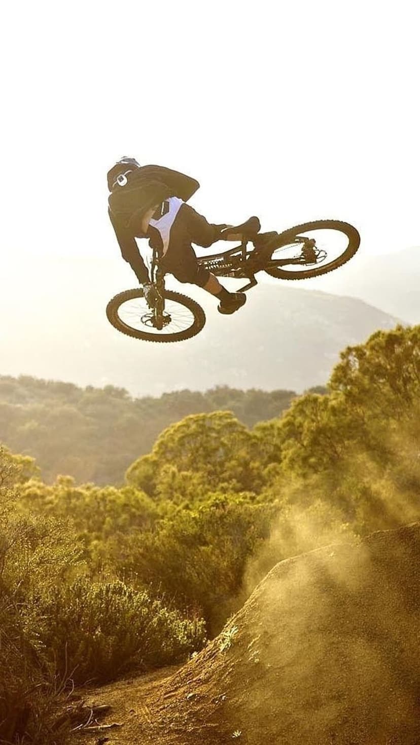 Mountain biker performs a jump silhouette above a dusty forest path with distant hills under a bright midday sun.