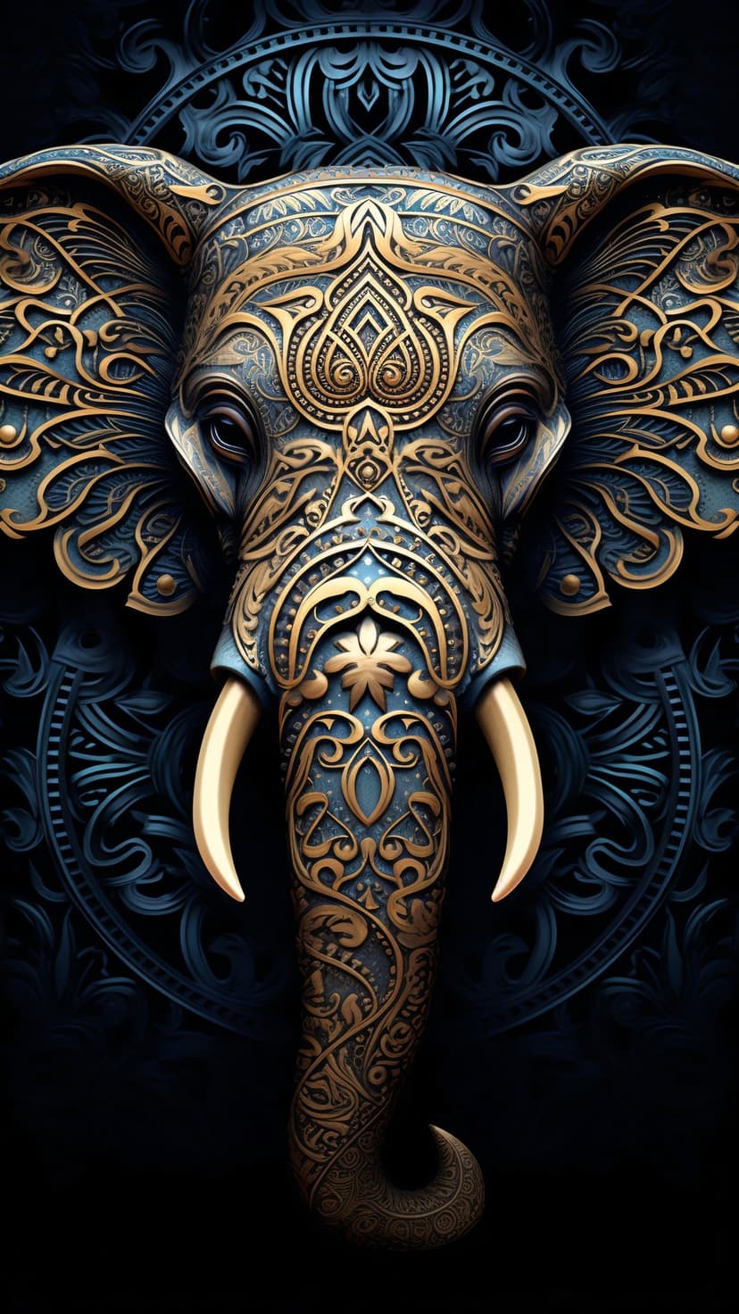 Elephant head with golden filigree and blue gemstone patterns centered against a solid black background.