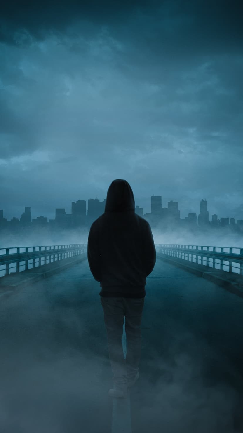 Person in a dark hoodie walks away on a foggy suspension bridge toward blurred city skyscrapers in blue tones.