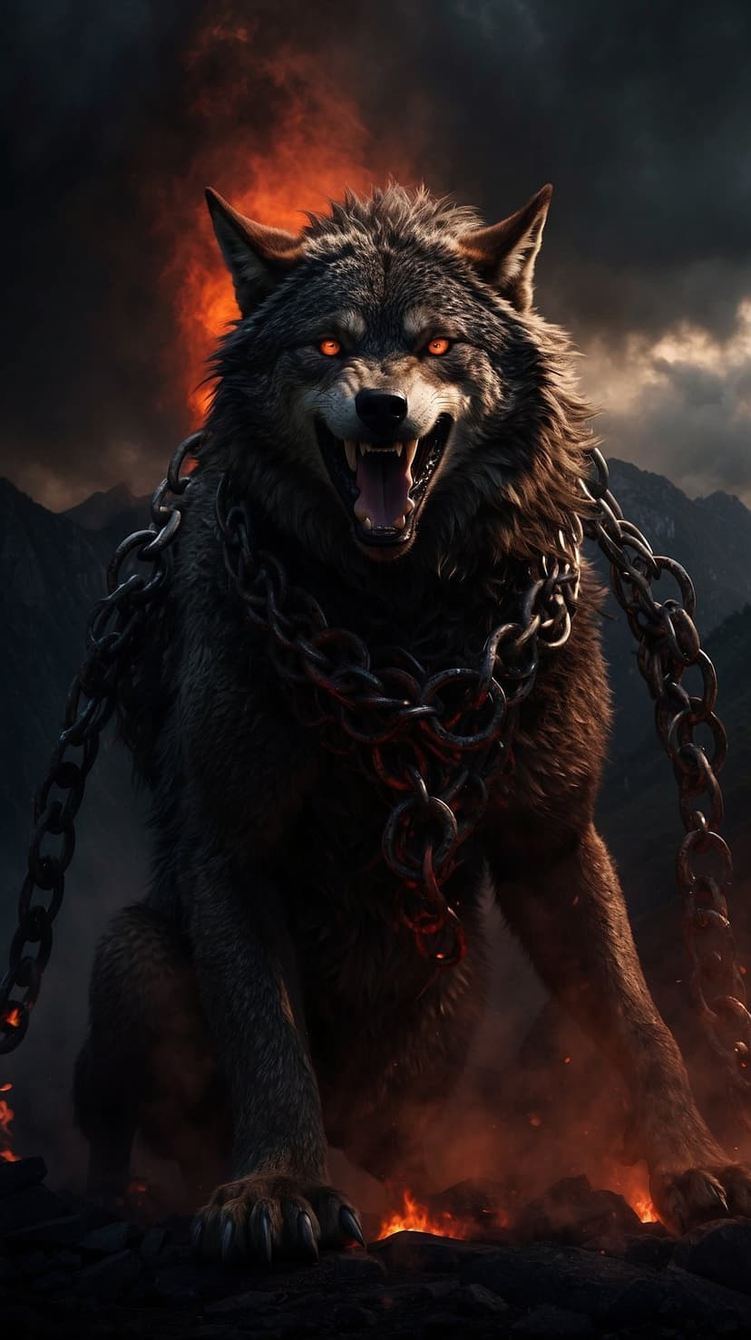 Snarling wolf with glowing orange eyes and sharp teeth wears heavy chains against a dark mountainous backdrop.