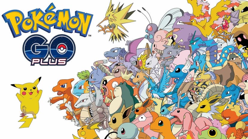 Pokémon GO Plus logo with Pikachu and a dense collage of classic monsters on a clean white landscape background.