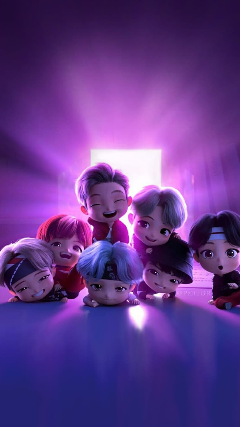 BT21 characters including Tata and Chimmy huddle under a vibrant neon purple atmospheric glow in a group pose.