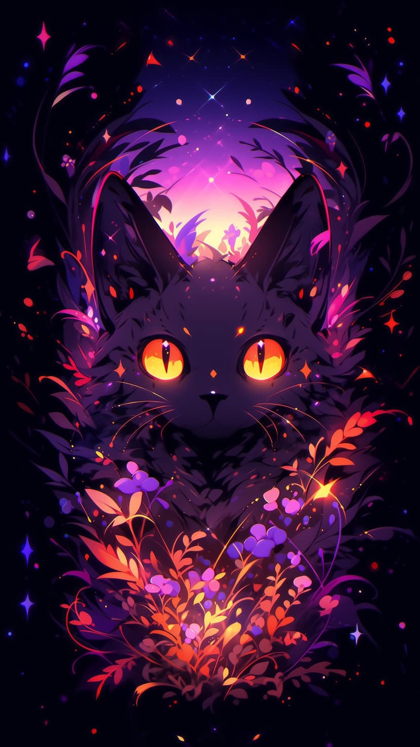 Black cat with glowing orange eyes sits among purple and pink bioluminescent flowers in a dark magical garden.