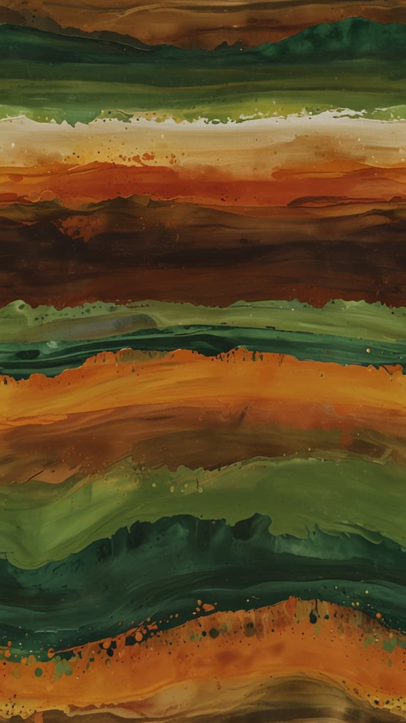 Deep green and burnt orange horizontal bands with organic textures and a bright white stripe across the center.