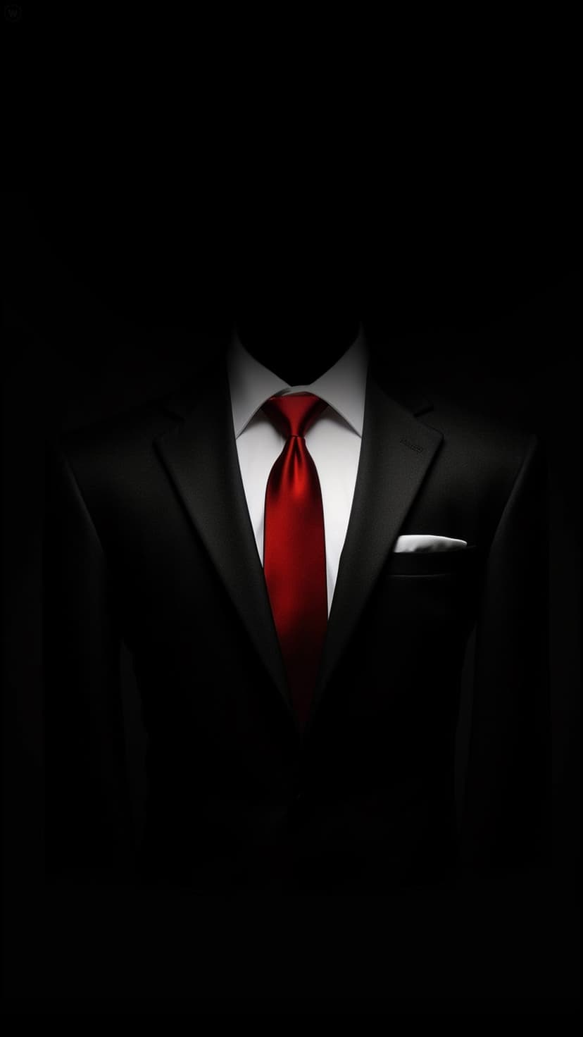 Man wearing a tailored black suit with a bright red tie and white pocket square against a dark background.