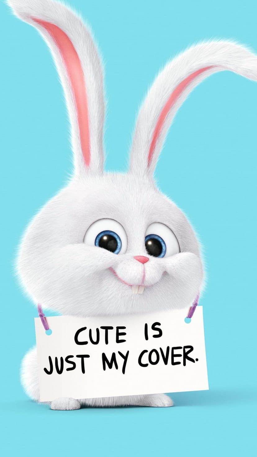 Snowball the white rabbit holds a sign saying cute is just my cover against a vivid blue studio background.