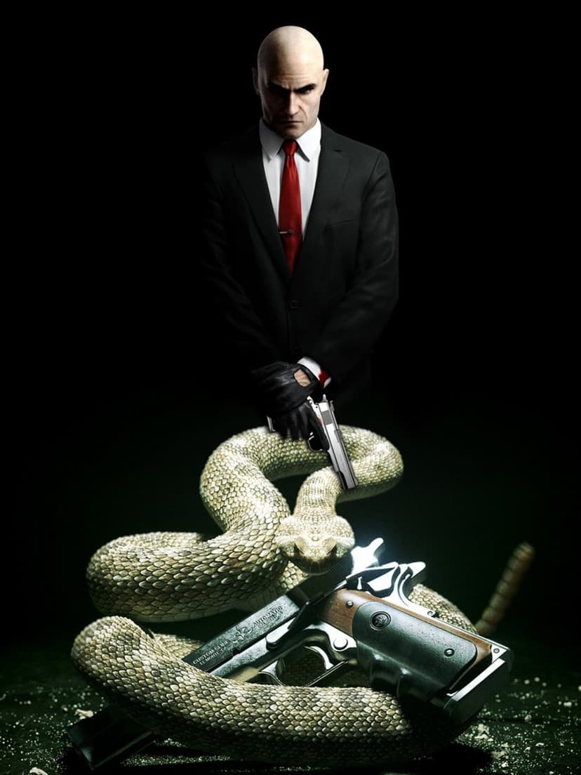 Agent 47 in a black suit and red tie stands over a coiled rattlesnake with silver handguns on a black background.