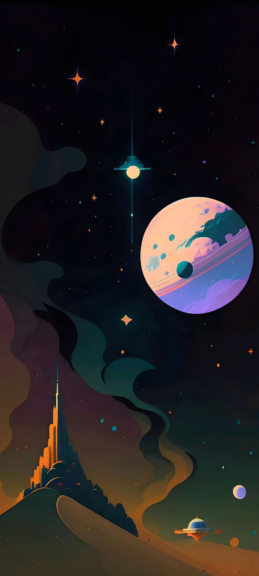 Sleek UFO hovering above a neon alien cityscape with a massive glowing planet and nebula in a starry night sky.