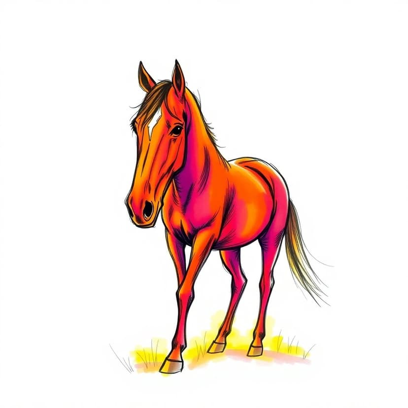 Orange and pink stylized horse standing over yellow grass blades against a solid white minimalist background.