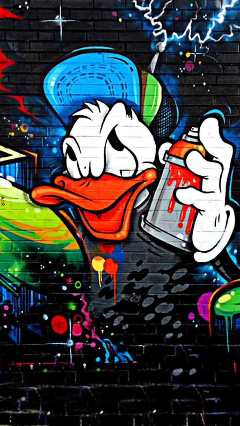 Donald Duck wears a blue cap and holds a red dripping spray can against a dark brick wall with neon lightning bolts.