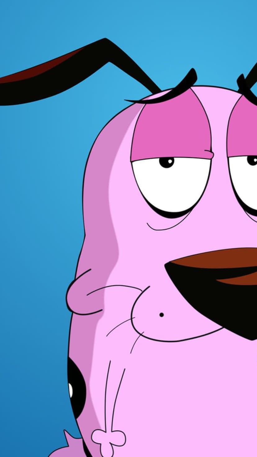Courage the Cowardly Dog with wide frantic eyes and a black nose centered on a solid vibrant blue background.